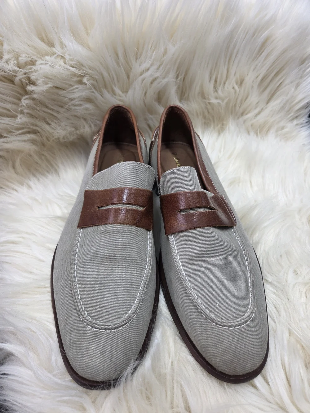 Mens Luxury Bullocks & Jones Gray Canvas & Brown Leather Penny Dress Shoes